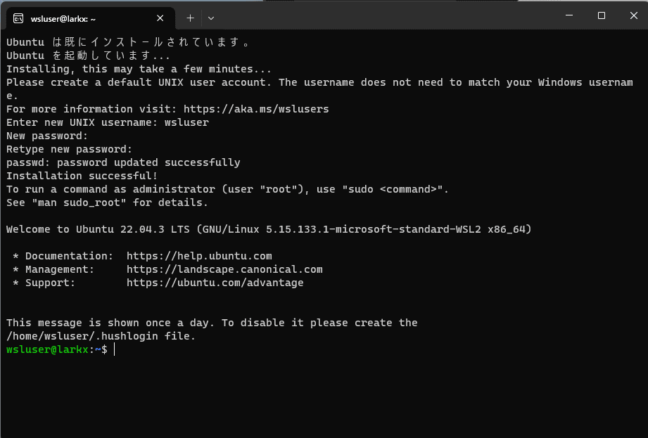 Ubuntuのインストール完了