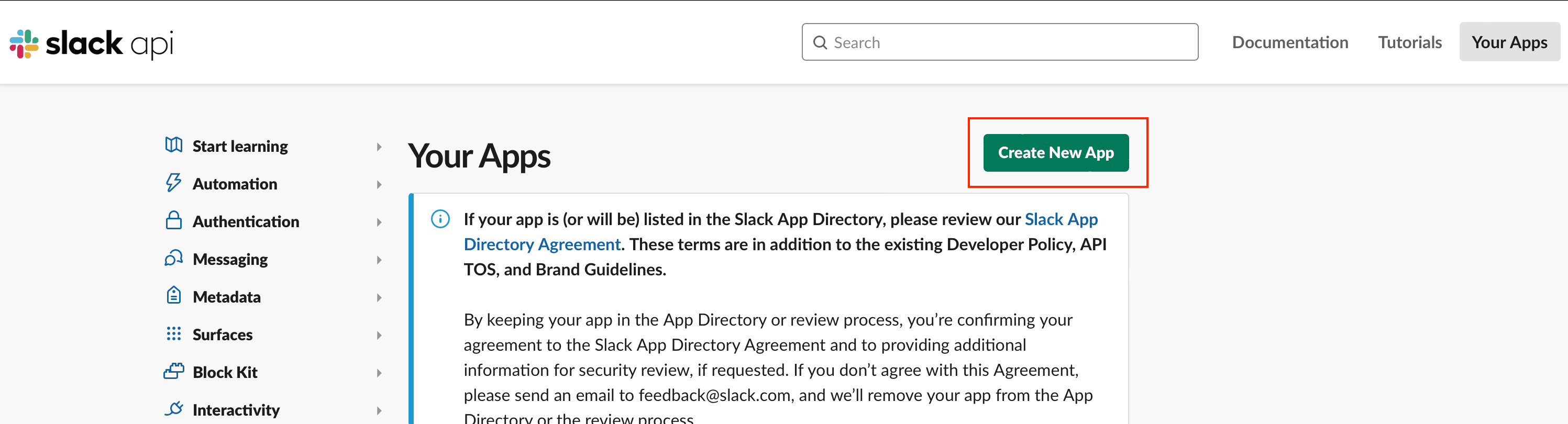 Slack create new app