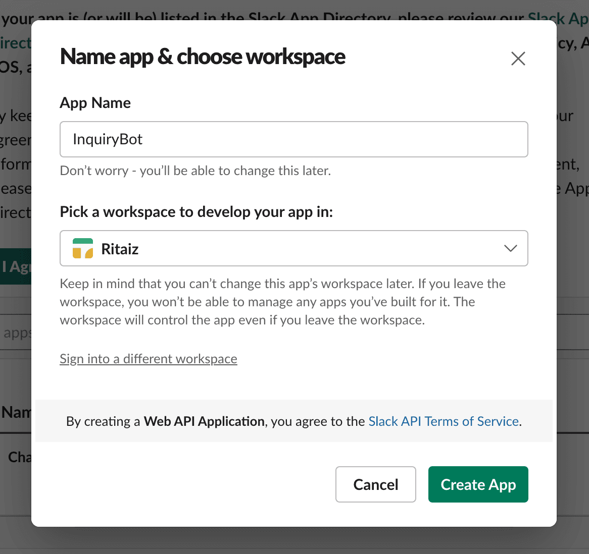 Slack create new app dialog
