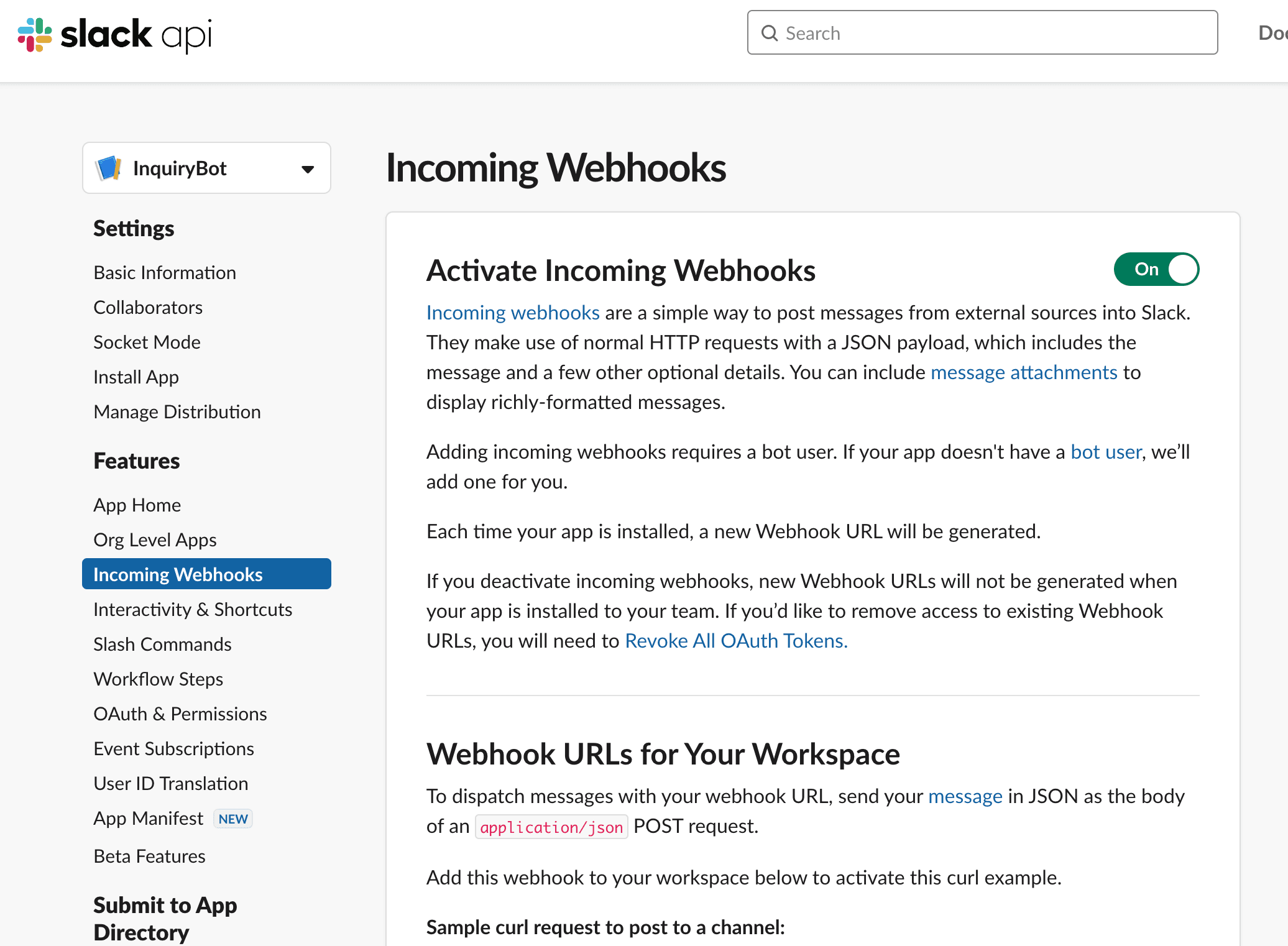 enable slack incoming webhook