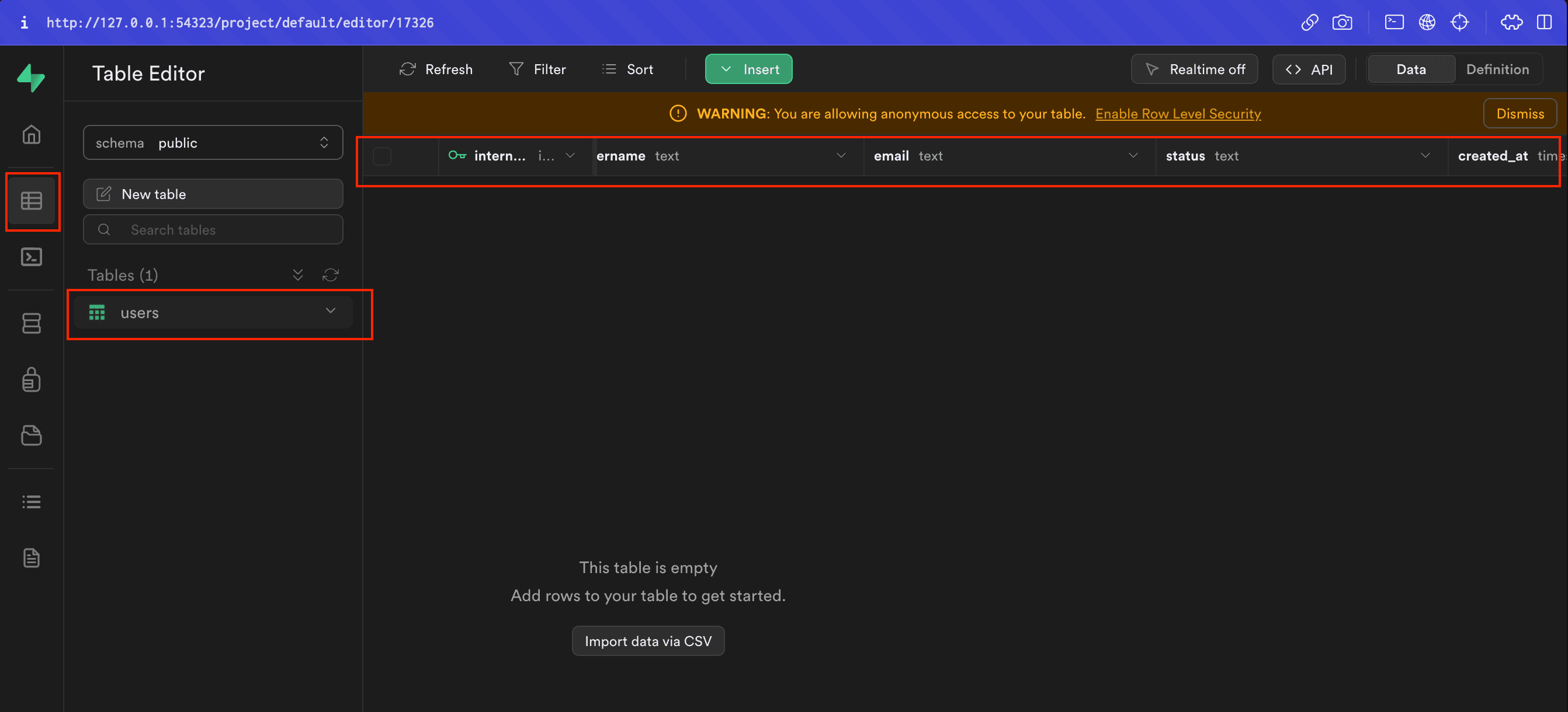 ローカルのSupabaseのダッシュボードに作成されたテーブル