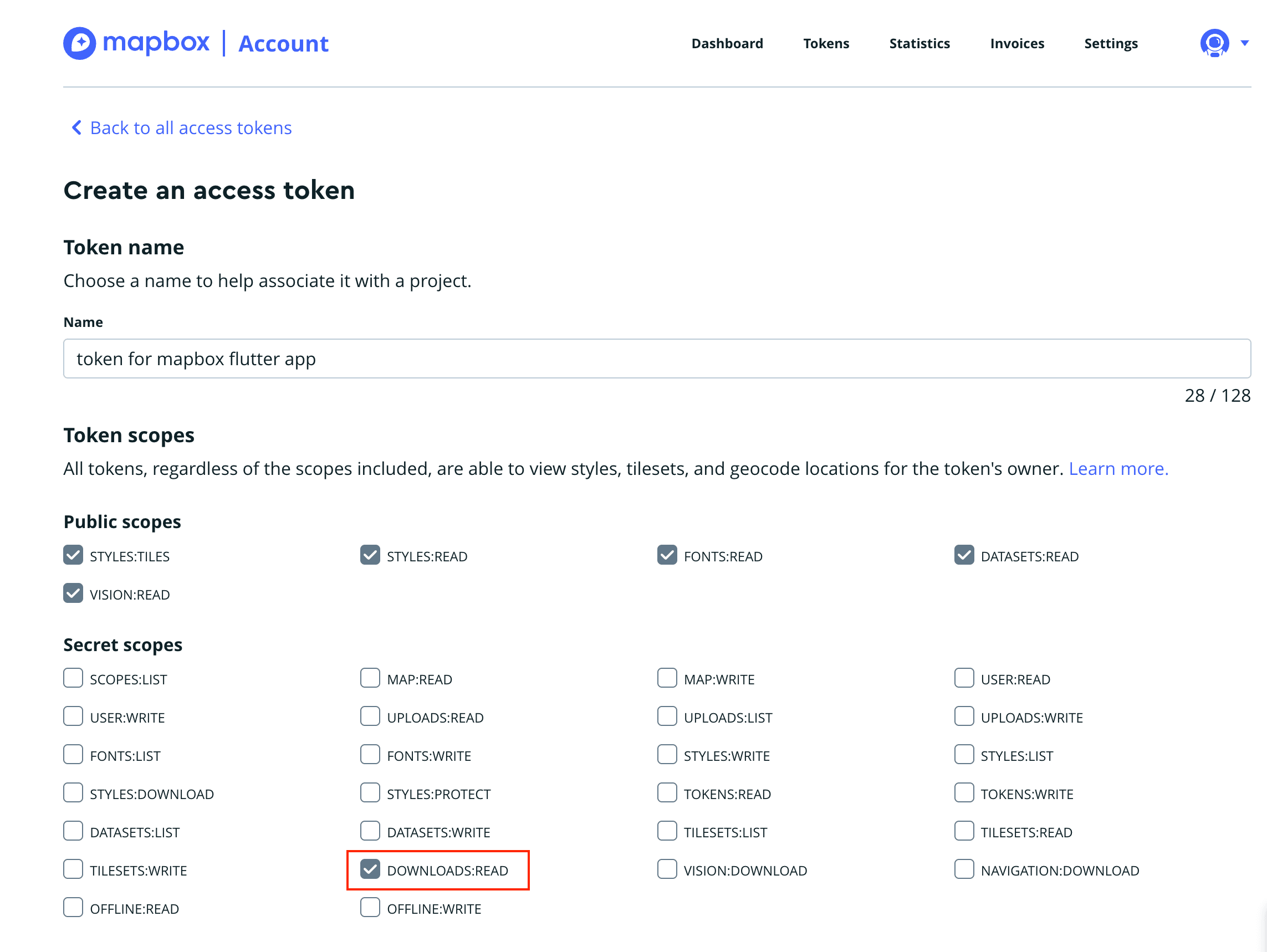 Mapboxのアクセストークン作成画面