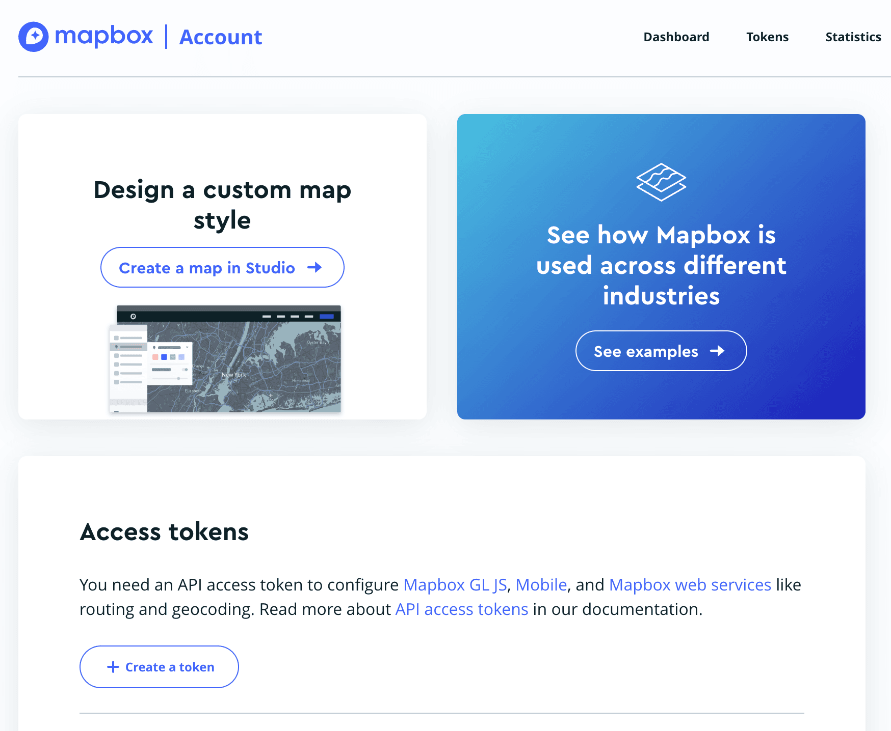 Mapbox管理画面でのアクセストークン作成ボタン