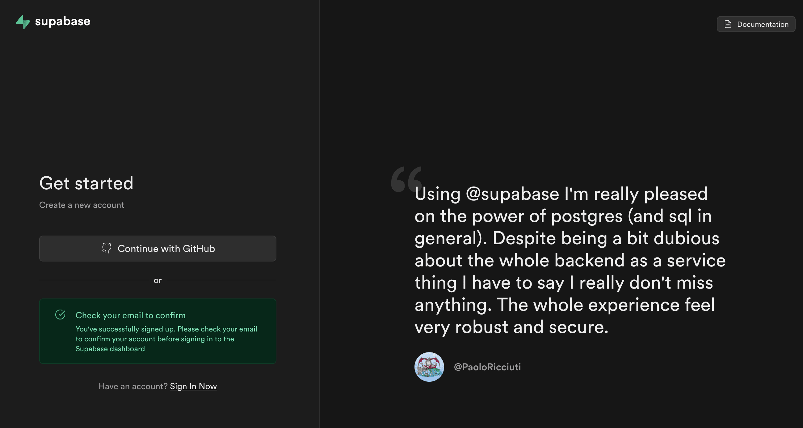 Supabaseのサインアップ画面でのメール確認メッセージ