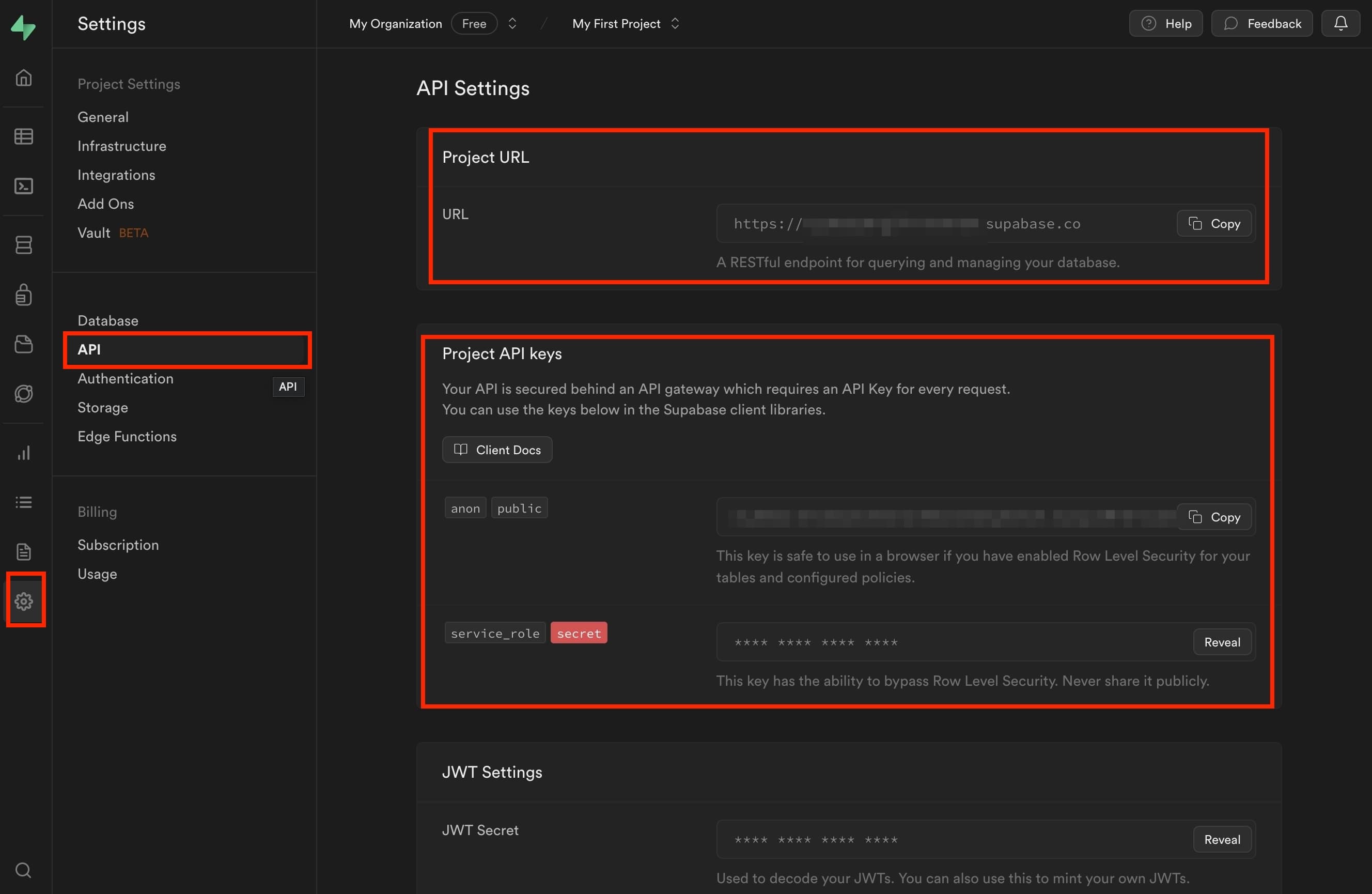 SupabaseのプロジェクトURLとAPI Keyの確認方法