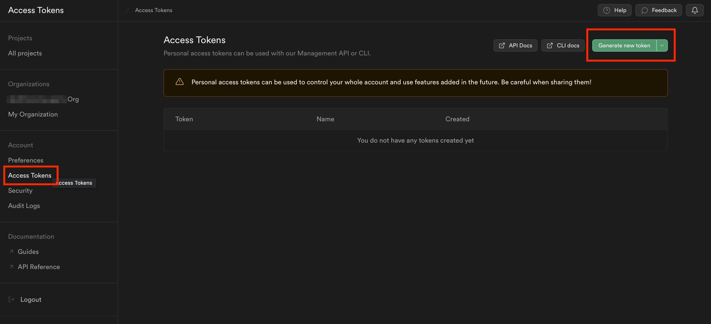 SupabaseのAccess Tokensページ