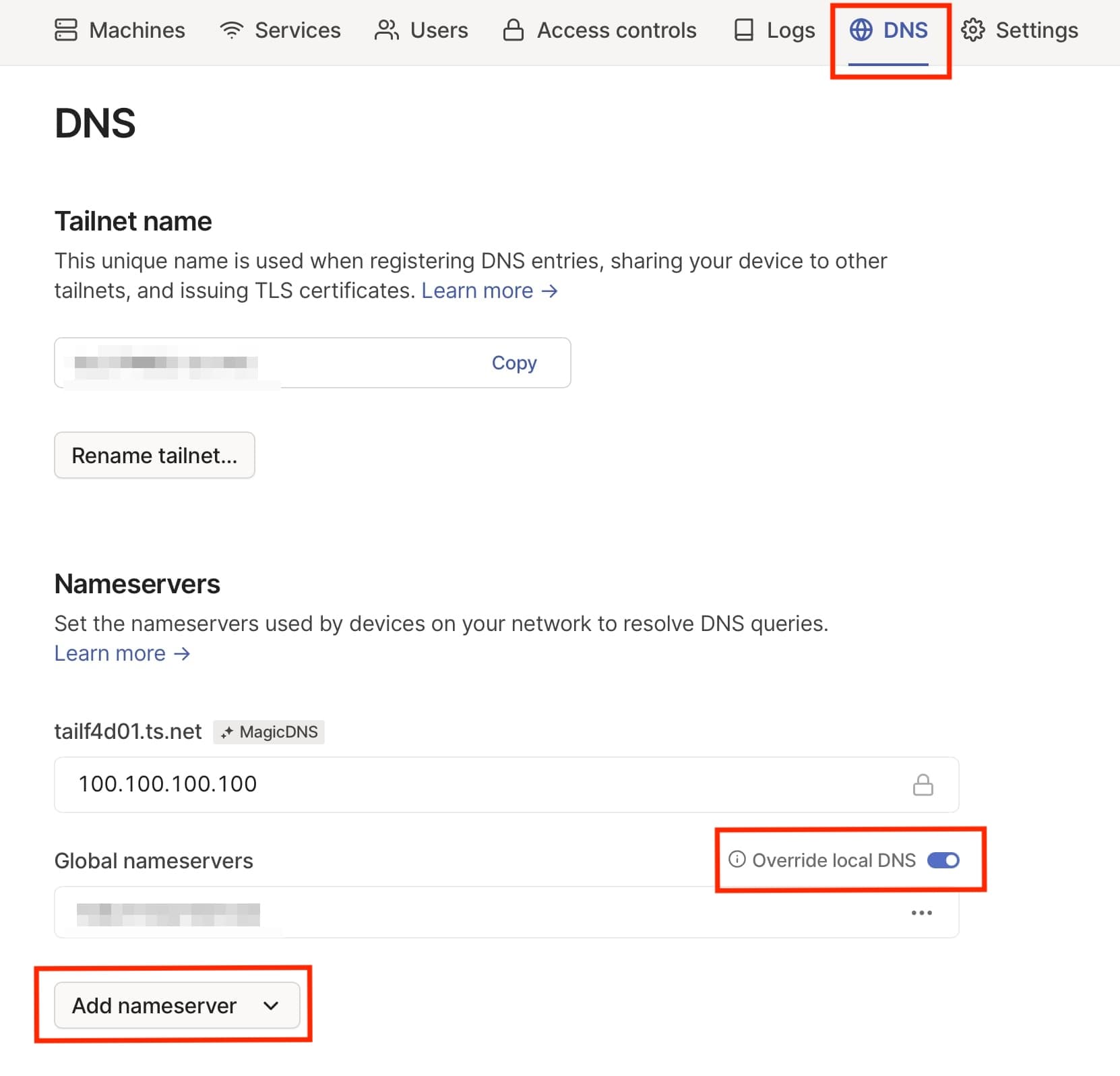 TailscaleのDNS設定画面
