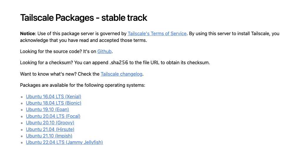 Tailscaleのパッケージ一覧ページ