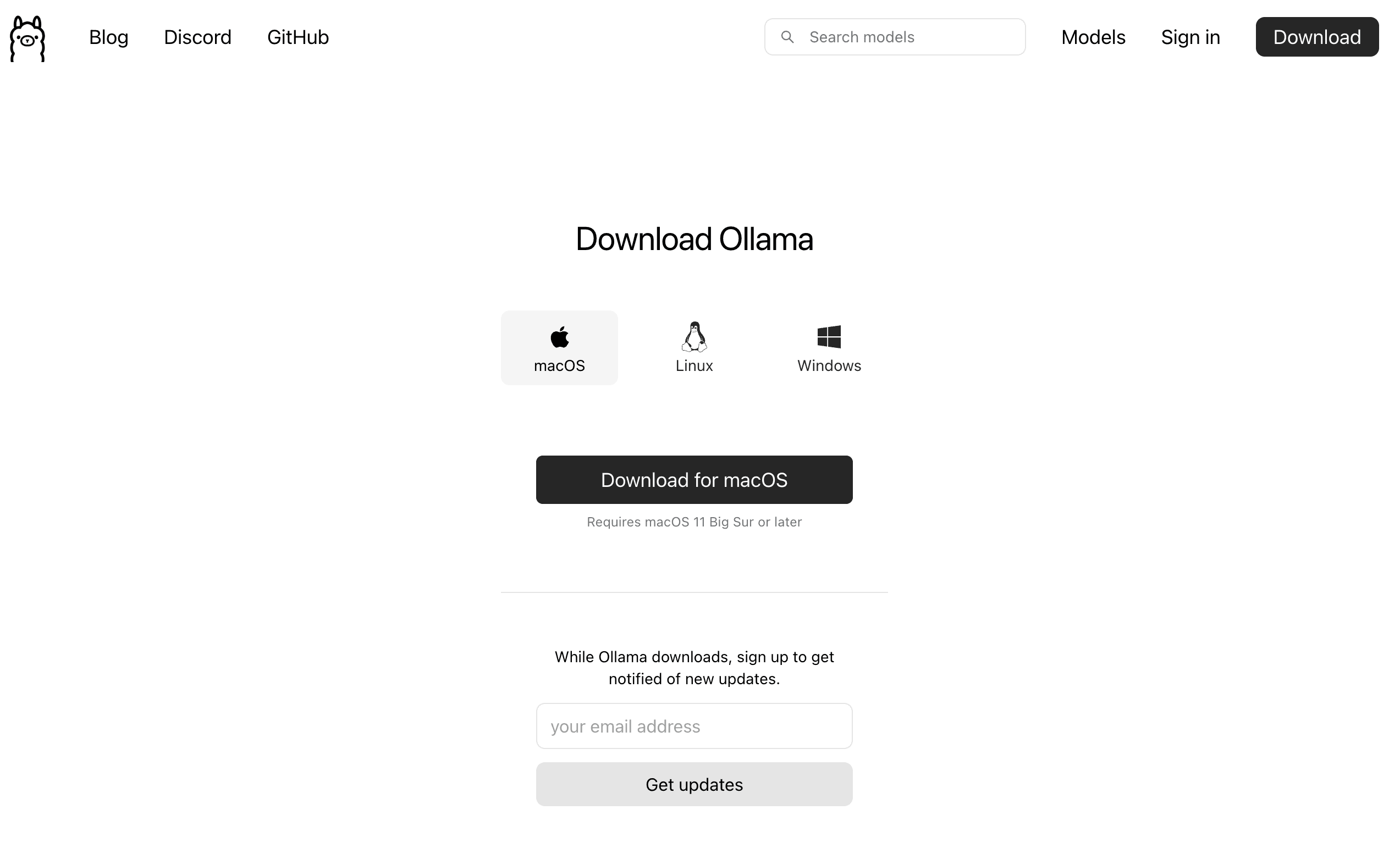 Ollamaのダウンロードページ