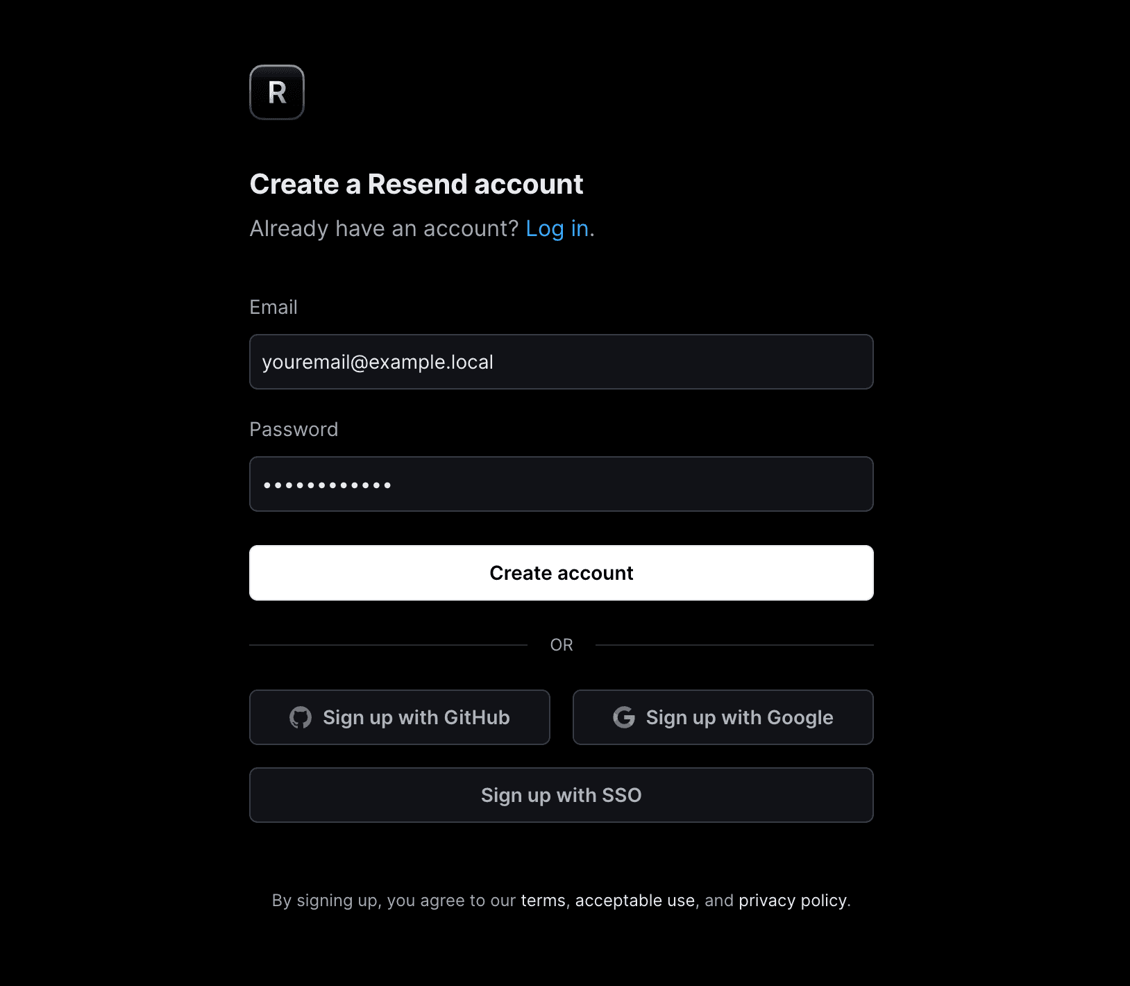 Resendのアカウント登録フォーム