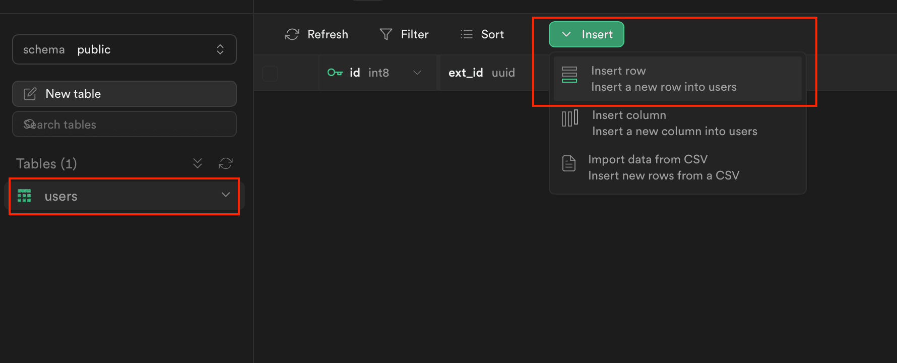 Supabase の管理画面から users テーブルに新規レコードを追加する
